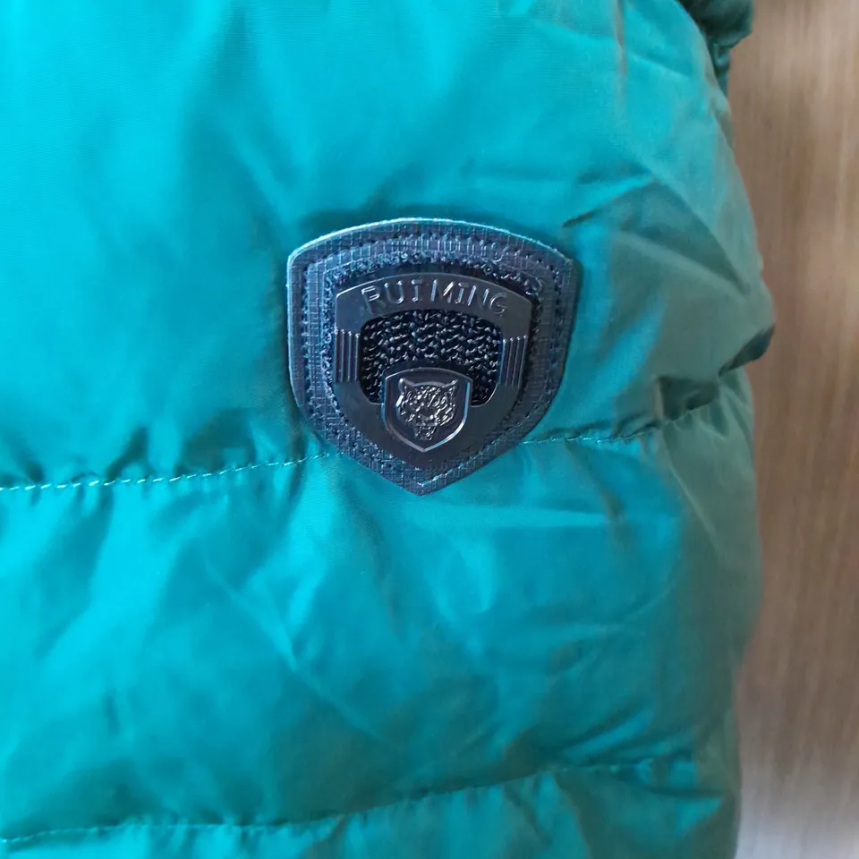 RUIMING PUDDED COAT IN DARK GREEN WITH BLACK FUR TRIM SIZE XS