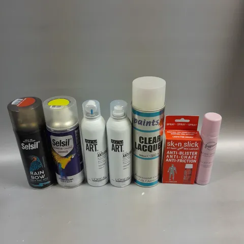 APPROXIMATELY 15 ASSORTED AEROSOLS TO INCLUDE CLEAR LACQUER, L'OREAL ANTI-FRIZZ, SELSIL ACRYLIC SPRAY PAINT ETC - COLLECTION ONLY