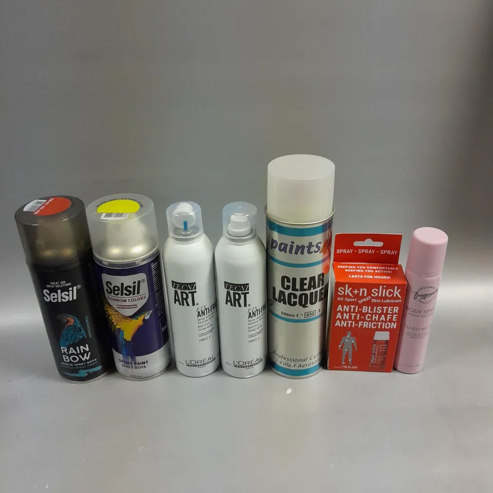 APPROXIMATELY 15 ASSORTED AEROSOLS TO INCLUDE CLEAR LACQUER, L'OREAL ANTI-FRIZZ, SELSIL ACRYLIC SPRAY PAINT ETC - COLLECTION ONLY 