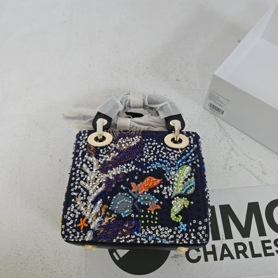 LA MAREY SIGNATURE NAVY BEADED HANDBAG WITH MULTICOLOUR EMBROIDERY