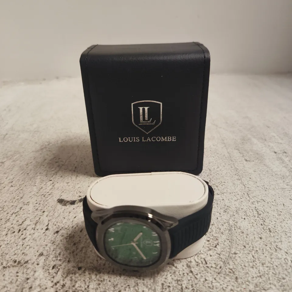 LOUIS LACOMBE WRISTWATCH – GREEN DIAL, BLACK STRAP, BOXED 