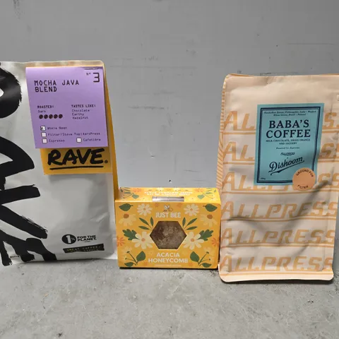 APPROXIMATELY 7 ASSORTED FOOD ITEMS TO INCLUDE -BABA'S COFFEE DISHOOM , RAVE MOCHA JAVA BLEND , JUST BE HONEY COMB ETC