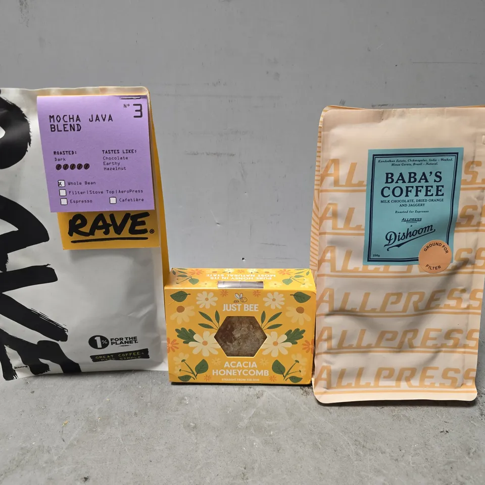 APPROXIMATELY 7 ASSORTED FOOD ITEMS TO INCLUDE -BABA'S COFFEE DISHOOM , RAVE MOCHA JAVA BLEND , JUST BE HONEY COMB ETC
