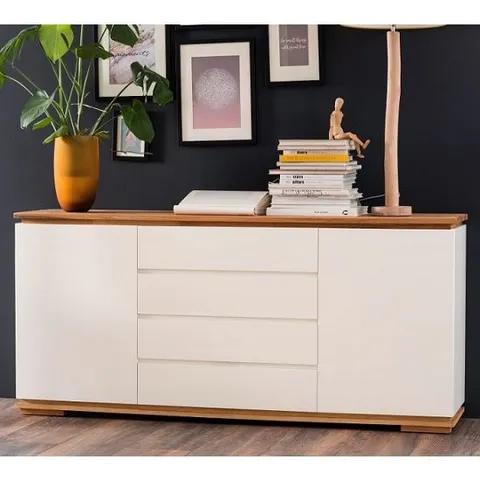 BRAND NEW BOXED EVERLY SIDEBOARD IN MATT WHITE LACQUERED AND OAK WITH 2 DOORS (3 BOXES)