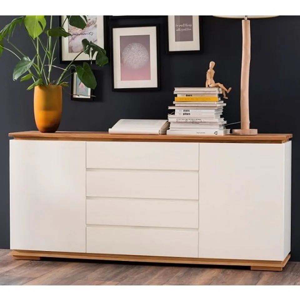 BRAND NEW BOXED EVERLY SIDEBOARD IN MATT WHITE LACQUERED AND OAK WITH 2 DOORS (3 BOXES)