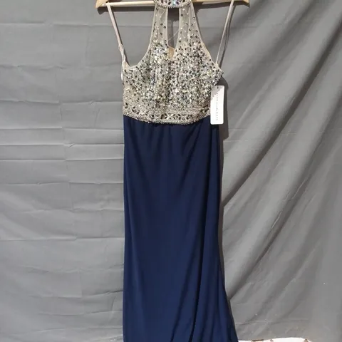 KISS ME KATE HALTER NECK CRYSTAL DETAIL DRESS IN NAVY - SIZE 8