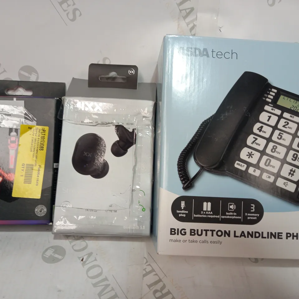 LOT OF APPROXIMATELY 20 ASSORTED HOUSEHOLD ITEMS TO INCLUDE ASDA TECH GAMING MOUSE, MIXX STREAMBUDS LX TRUE WIRELESS EARBUDS, ASDA TECH BIG BUTTON LANDLINE PHONE, ETC