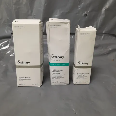 LOT OF 3 THE ORDINARY PRODUCTS TO INCLUDE TONER 100ML, HAIR SERUM 60ML AND SOLUTION 30ML
