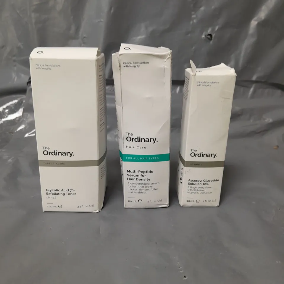LOT OF 3 THE ORDINARY PRODUCTS TO INCLUDE TONER 100ML, HAIR SERUM 60ML AND SOLUTION 30ML 