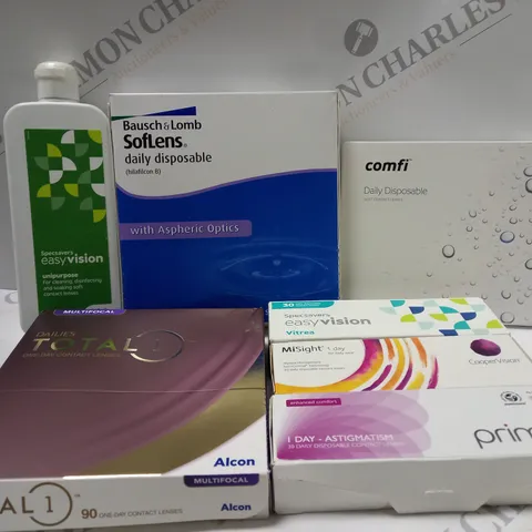 BOX OF APPROX 25 ASSORTED CONTACT LENSES AND CONTACT LENSE SOLUTIONS