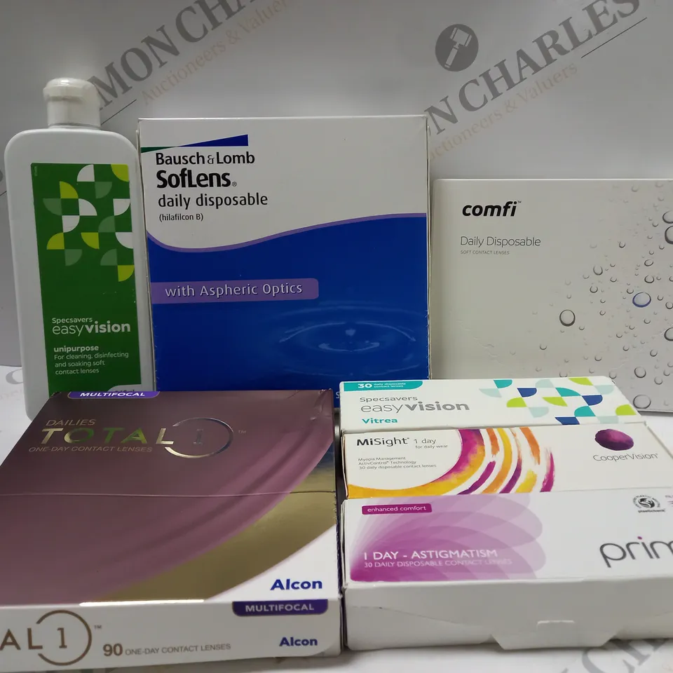 BOX OF APPROX 25 ASSORTED CONTACT LENSES AND CONTACT LENSE SOLUTIONS