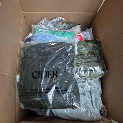 LARGE BOX OF ASSORTED CLOTHING ITEMS IN VARIOUS SIZES, STYLES AND COLOUR 