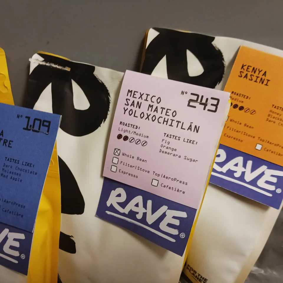 LOT OF 5 ASSORTED PACKS OF RAVE COFFEE