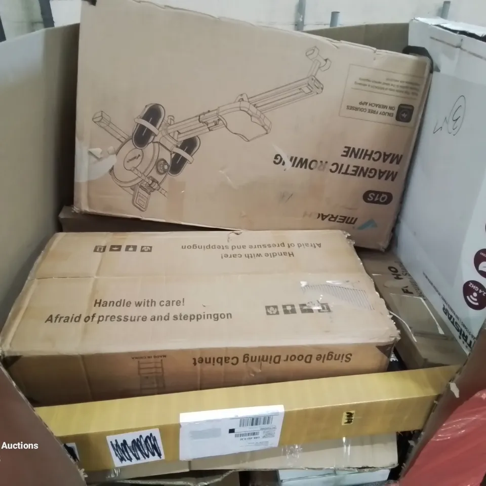 PALLET CONTAINING VARIOUS ASSORTED BOXED HOUSEHOLD ITEMS TO INCLUDE: MAGNETIC ROWING MACHINE,  SINGLE DOOR DINING CABINET, INFARED PANEL HEATER AND LOTS MORE UNMARKED BOXED ITEMS 