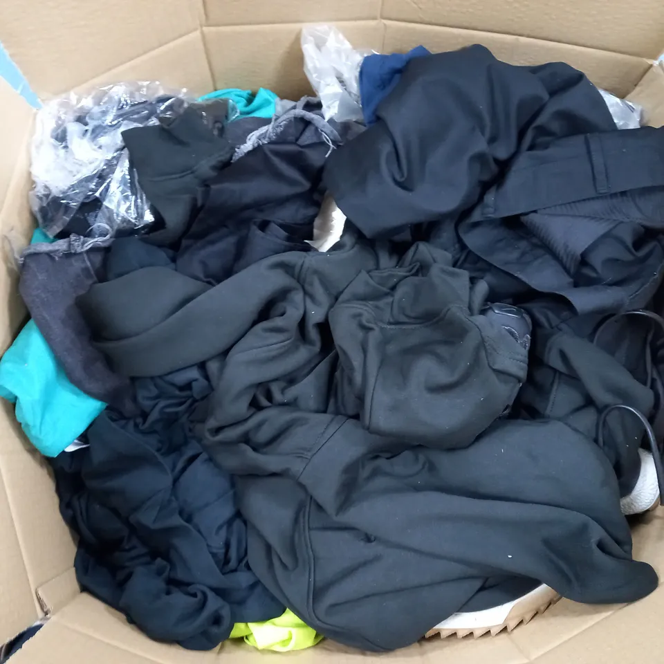 LARGE BOX OF ASSORTED CLOTHING ITEMS IN VARIOUS COLOURS AND SIZES INCLUDING TROUSERS , TOPS AND JUMPERS 