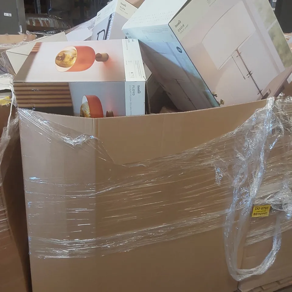 PALLET CONTAINING A VERY LARGE QUANTITY OF ASSORTED DESIGNER LIGHTING PRODUCTS TO INCLUDE: CEILING LIGHT, FLOOR LAMP, TABLE LAMPS ECT