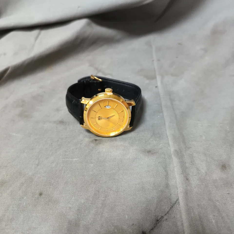 EON GOLD-TONE WRISTWATCH WITH BLACK LEATHER STRAP – BOXED