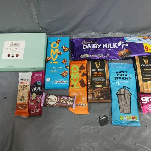 APPROXIMATELY 8 ASSORTED FOOD ITEMS TO INCLUDE BUTLERS THE DESSERT MENU, CADBURY DAIRY MILK, AND GUINESS 9 MINI PINTS ETC.