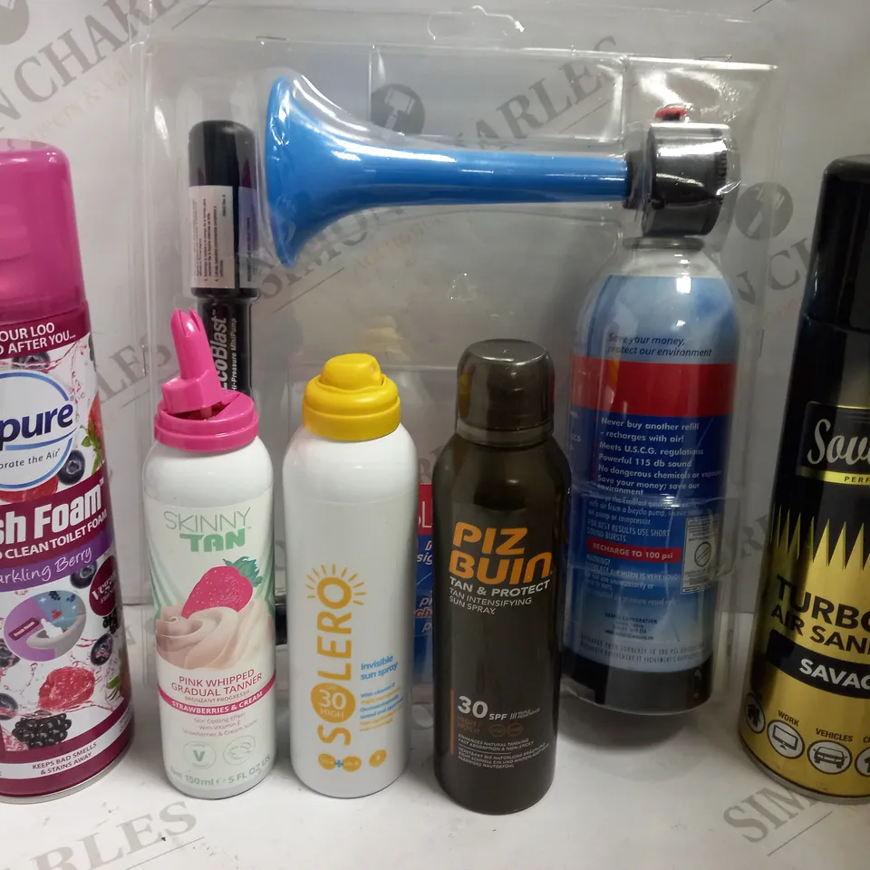 BOX OF APPROX 15 ASSORTED AEROSOLS INCLUDING AIRPURE FRESH FOAM, ECO BLAST AIRHORN AND SOVEREIGN AIR SANITISER - COLLECTION ONLY