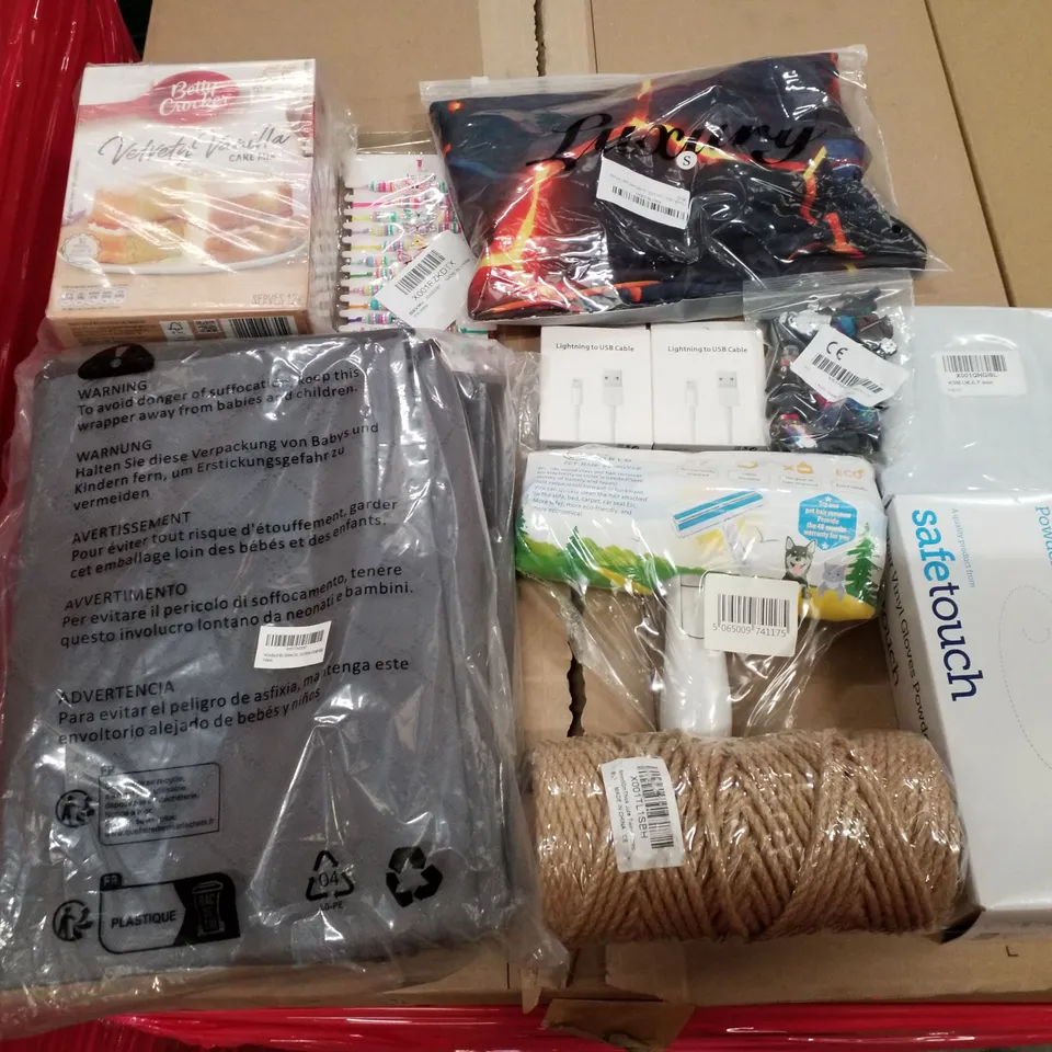 PALLET OF 6 BOXES CONTAINING ASSORTED PRODUCTS INCLUDING CLEAR VINYL GLOVES, PET HAIR REMOVER, CAKE MIX, LIGHTING TO USB CABLE, JUTE TWINE STRING, BRACELETS