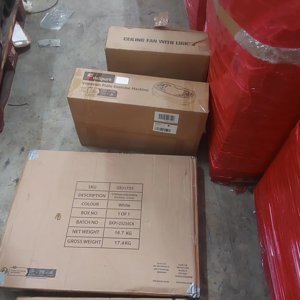 PALLET CONTAINING A LARGE QUANTITY OF ASSORTED ITEMS INCLUDING: OFFICE CHAIR, RADIATOR COVER, CEILING FAN, VIBRATION PLATE EXERCISE MACHINE, METAL GARDEN FENCE ECT