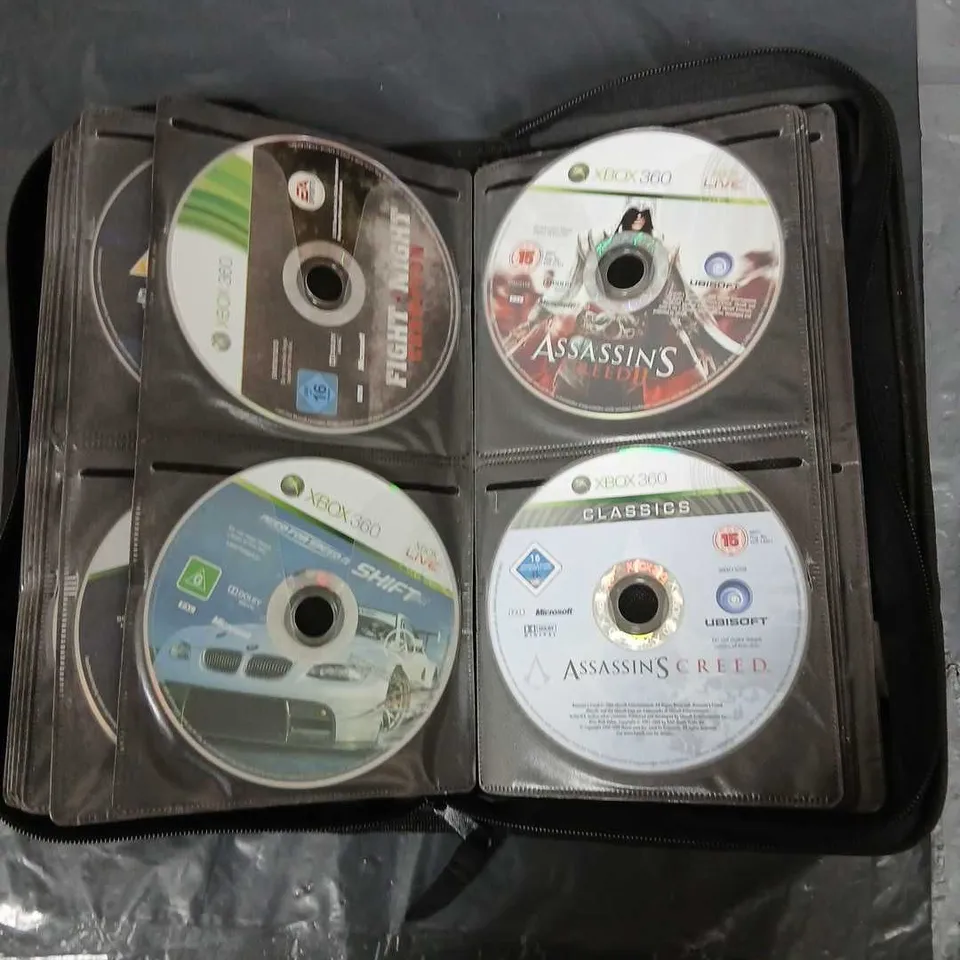 CD/GAME WALLET WITH APPROXIMATELY 50 ASSORTED XBOX 360 GAMES