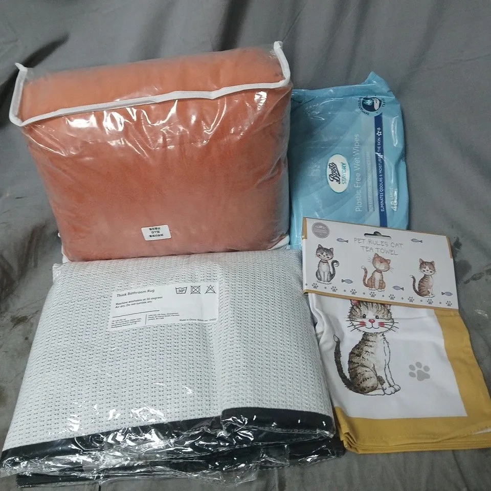 APPROXIMATELY 15 ASSORTED HOUSEHOLD PRODUCTS TO INCLUDE PET RULES CAT TOWEL, THICK BATHROOM RUG, PLASTIC FREE WET WIPES, ETC
