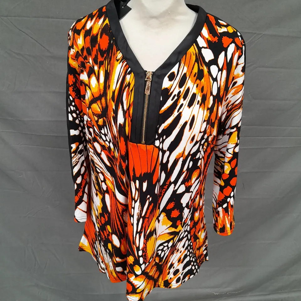 JULIEN MACDONALD ZIP FRONT ORANGE BUTTERFLY PRINT TOP SIZE 10