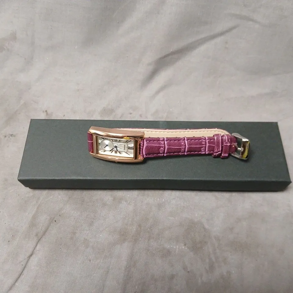 STOCKWELL RECTANGULAR WRISTWATCH – ROSE GOLD-TONE CASE WITH PURPLE CROC-EFFECT STRAP