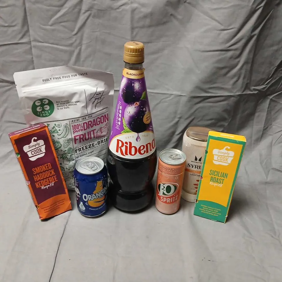 ELEVEN ASSORTED PRODUCTS TO INCLUDE; SIMPLY COOK RECIPE KITS, MYPROTEIN SYRUP, J2O SPRITZ AND RIBENA