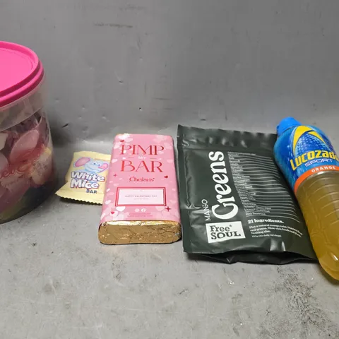 APPROXIMATELY 20 ASSORTED FOOD & DRINK ITEMS TO INCLUDE - PIMP MY BAR  , LUCOZADE ORANGE  , MANGO GREENS ETC