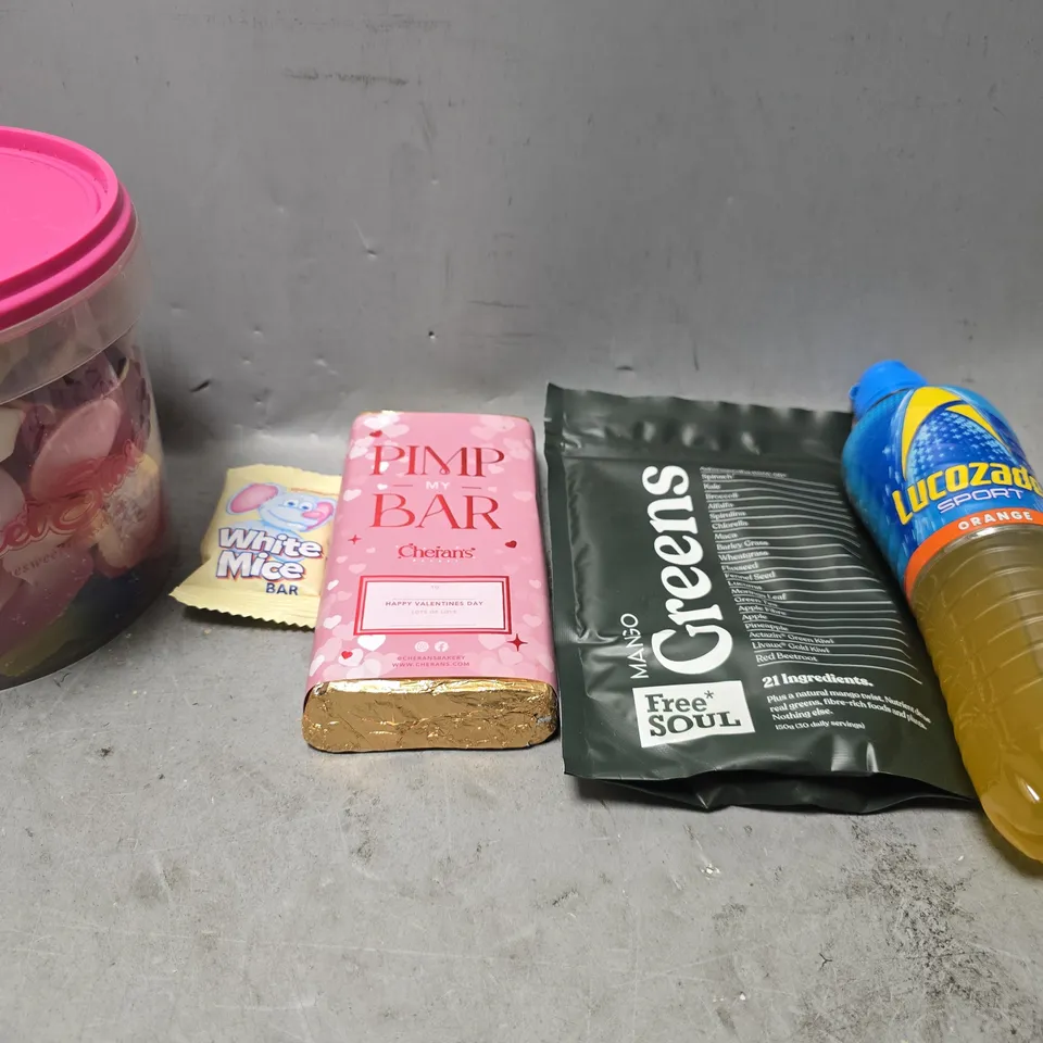 APPROXIMATELY 20 ASSORTED FOOD & DRINK ITEMS TO INCLUDE - PIMP MY BAR  , LUCOZADE ORANGE  , MANGO GREENS ETC