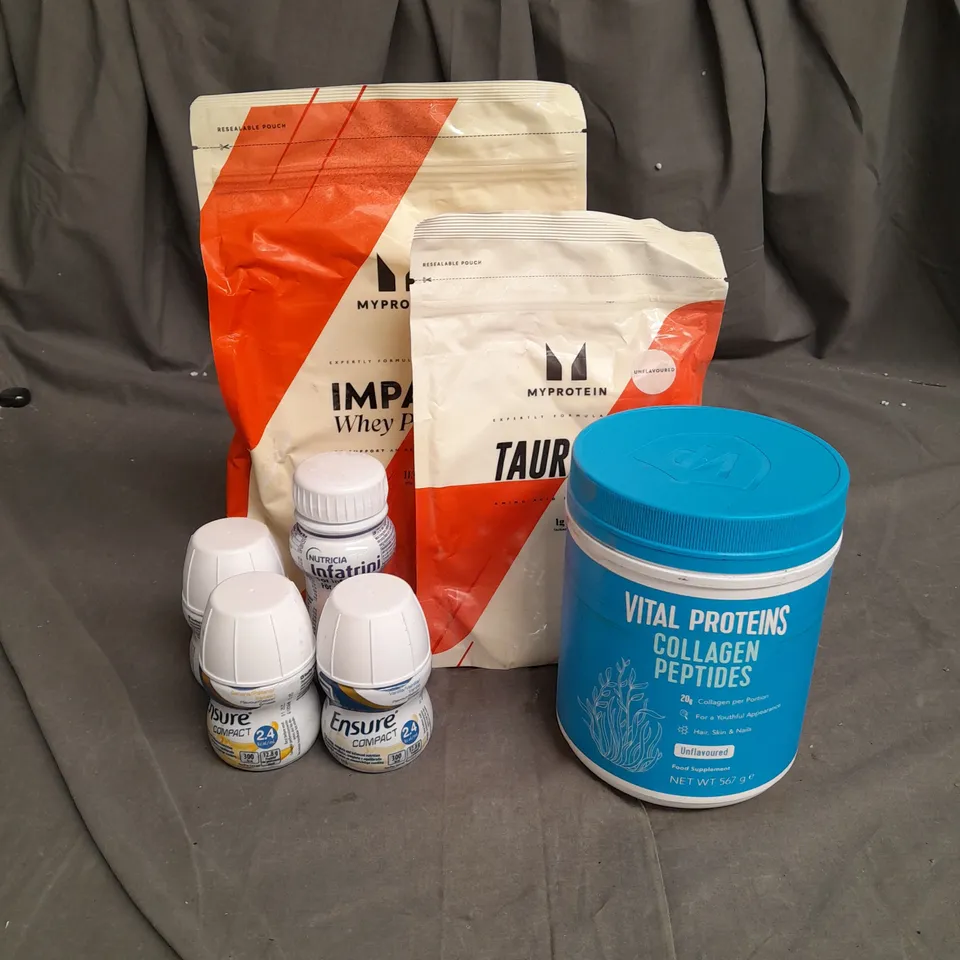 7 ASSORTED FOOD ITEMS TO INCLUDE MY PROTEIN WHEY PROTEIN, TAURINE SUPPLEMENT, COLLAGEN PEPTIDES AND ENSURE COMPLETE FOOD DRINK - COLLECTION ONLY