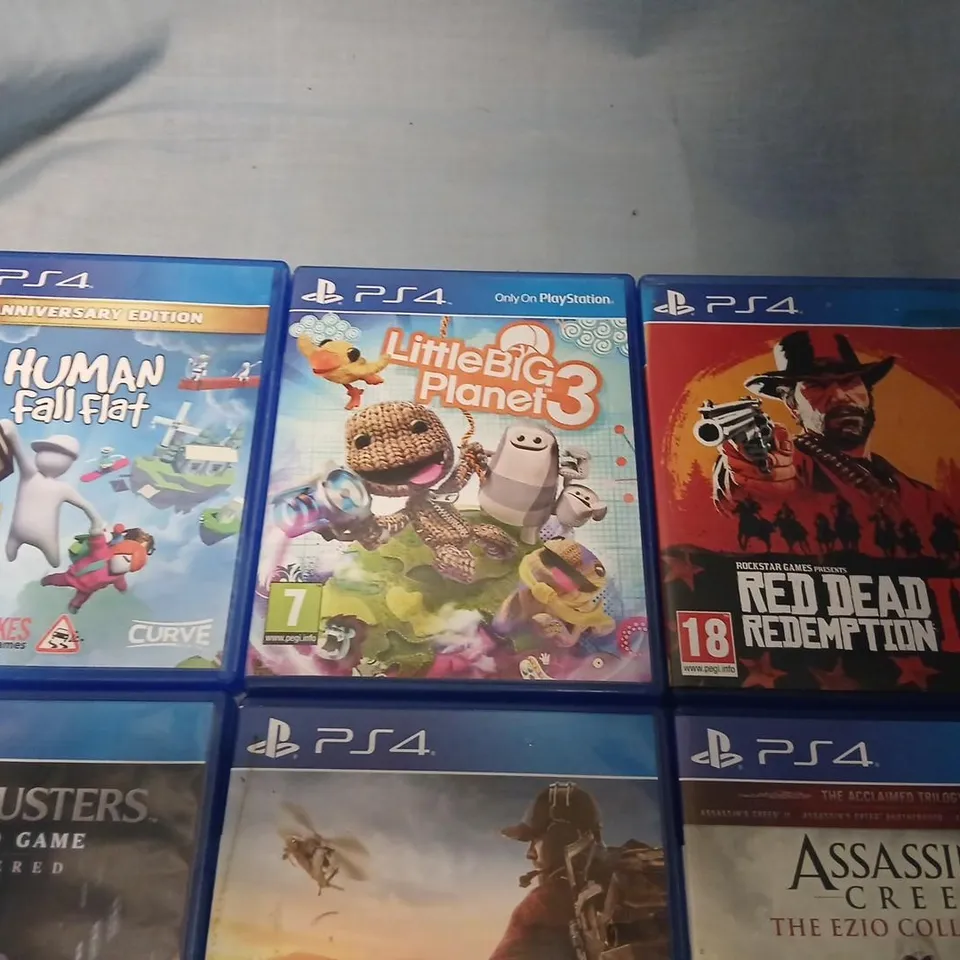 PLAYSTATION 4 GAME COLLECTION – 6 TITLES (HUMAN FALL FLAT, LITTLEBIGPLANET 3, RED DEAD REDEMPTION II, GHOSTBUSTERS: THE VIDEO GAME REMASTERED, TOM CLANCY'S GHOST RECON WILDLANDS, ASSASSIN'S CREED: THE
