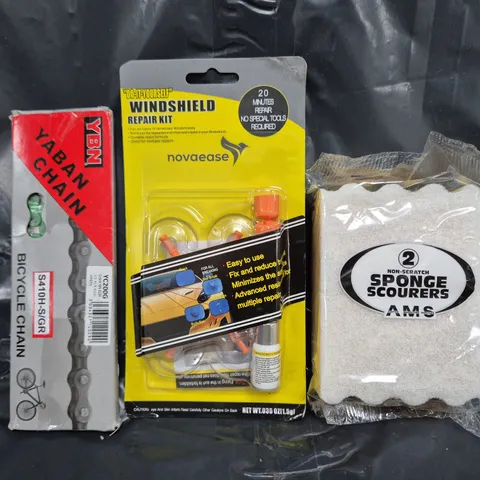 APPROXIMATELY 10 ASSORTED VEHICLE PARTS AND ACCESSORIES TO INCLUDE WINDSHIELD REPAIR KIT, BICYCLE CHAIN, ETC - COLLECTION ONLY