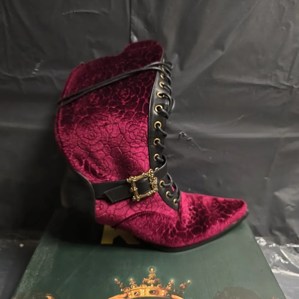 WOMEN'S BURGUNDY VELVET LACE-UP BOOTS WITH BUCKLE DETAIL - UK SIZE 6