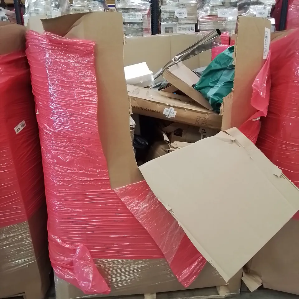PALLET OF ASSORTED HOUSEHOLD GOODS AND PRODUCTS TO INCLUDE; ACROHOME 6.2M TELESCOPIC LADDER, BOXED FURNITURE ETC