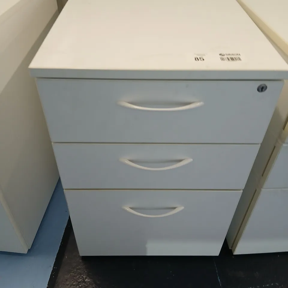 THREE PORTABLE THREE DRAWER OFFICE CHEST OF DRAWERS