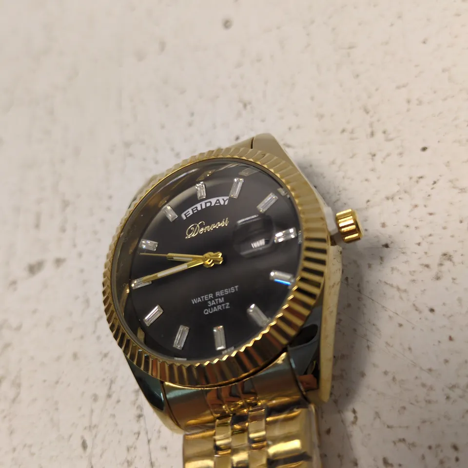 DENVOSI - GOLD-TONE DAY-DATE QUARTZ WRISTWATCH WITH BLACK DIAL AND BRACELET