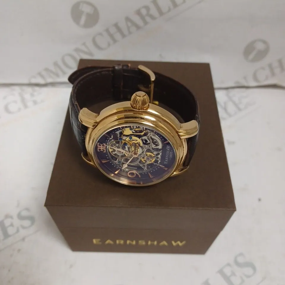 BOXED THOMAS EARNSHAW GENTS LONGCASE AUTOMATIC SKELETON WATCH - GENUINE LEATHER STRAP - 5 ATM.