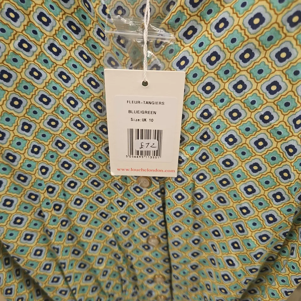LOUCHE LONDON FLEUR-TANGIERS DRESS – BLUE/GREEN, UK 10 TAGGED