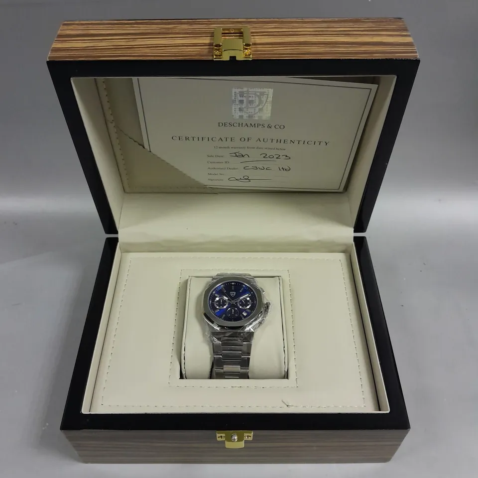 MENS DESCHAMPS & CO CHRONOGRAPH WATCH – SUB DIALS WITH DATE – STAINLESS CASE & STRAP