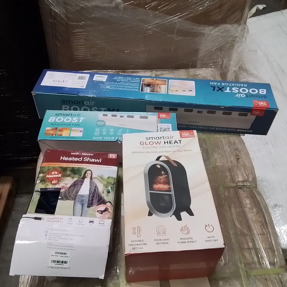 PALLET TO CONTAIN A LARGE QUANTITY OF HEATED ELECTRICAL PRODUCTS TO INCLUDE;HEATED SHAWL,RADIATOR FAN BOOST,SMART AIR GLOW HEAT FAN HEATER