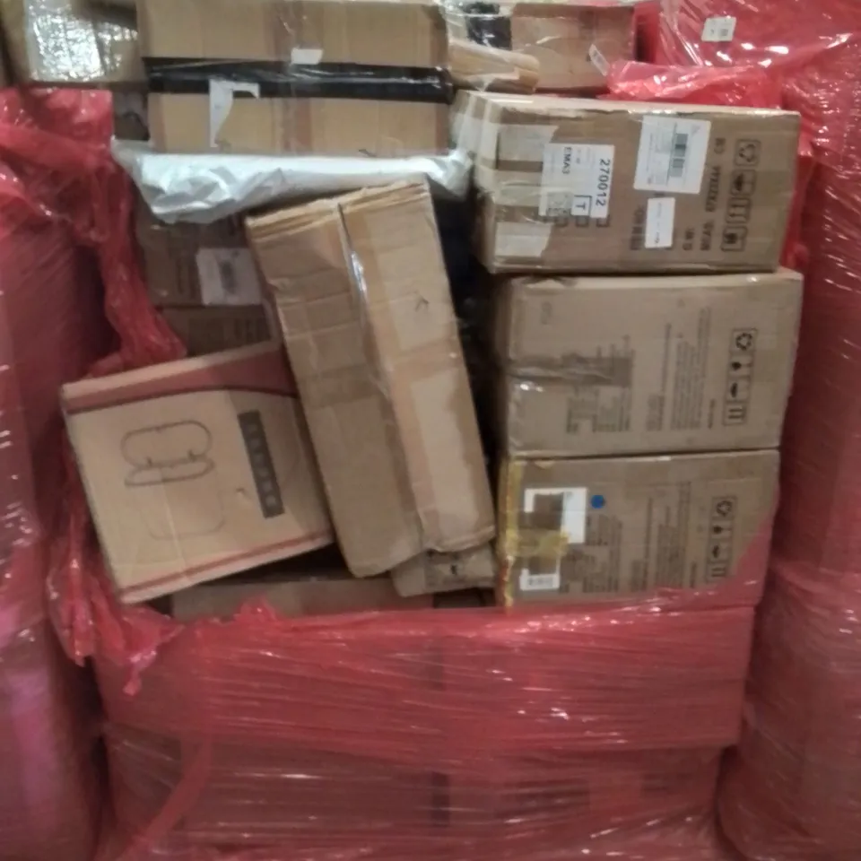 PALLET CONTAINING VARIOUS ASSORTED BOXED HOUSEHOLD ITEMS TO INCLUDE: KIDS ACTIVITY SLIDE SET, CHILDREN'S TRICYCLE, PUNCHBAG HANGER, TRASH BIN AND LOTS MORE UNMARKED BOXED ITEMS 