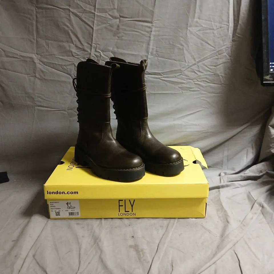 FLY LONDON BROWN LEATHER MID-CALF BOOTS ON YELLOW FLY LONDON BOX