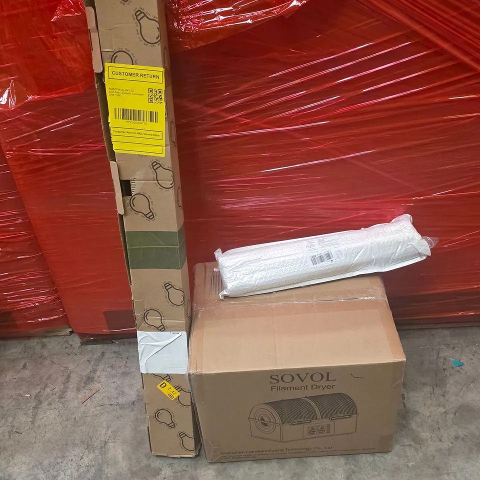 PALLET OF ASSORTED HOUSEHOLD GOODS AND PRODUCTS TO INCLUDE;FILAMENT DRYER,RETRACTABLE SAFETY GATE,WINDOW POLE OPENER