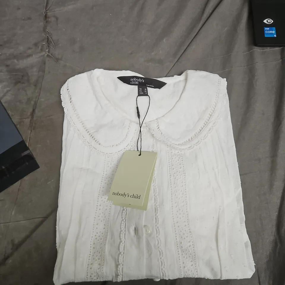 NOBODY'S CHILD WHITE THIMBOLINA TRIM DETAIL PETER PAN BLOUSE – UK 10 (EU 38, US 6)