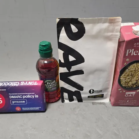 APPROXIMATELY 12 ASSORTED FOOD & DRINK ITEMS TO INCLUDE - PLENISH OAT ,RAVE COFFEE , TONY'S CHOCOLATE ETC