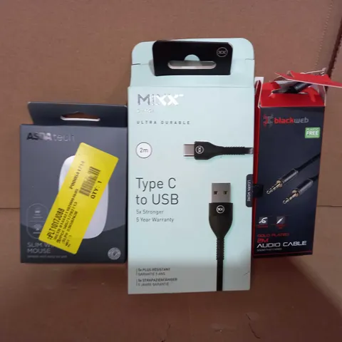 BOX OF APPROXIMATELY 10 ASSORTED ELECTRICAL ITEMS TO INCLUDE ASDA TECH SLIM MOUSE, MIXX TYPE-C TO USB CABLE, BLACKWEB GOLD PLATED AUDIO CABLE, ETC