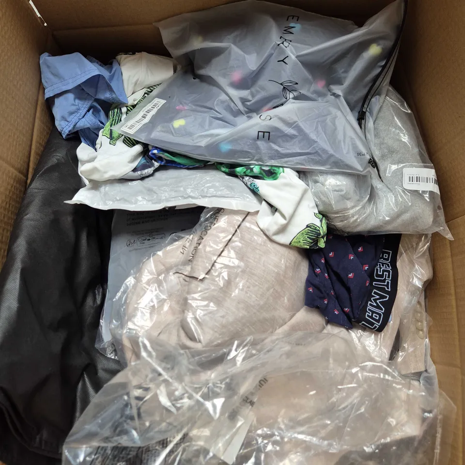 LARGE BOX OF APPROXIMATELY 25 ASSORTED CLOTHING ITEMS IN VARIOUS COLOURS, STYLES AND SIZES - COLLECTION ONLY